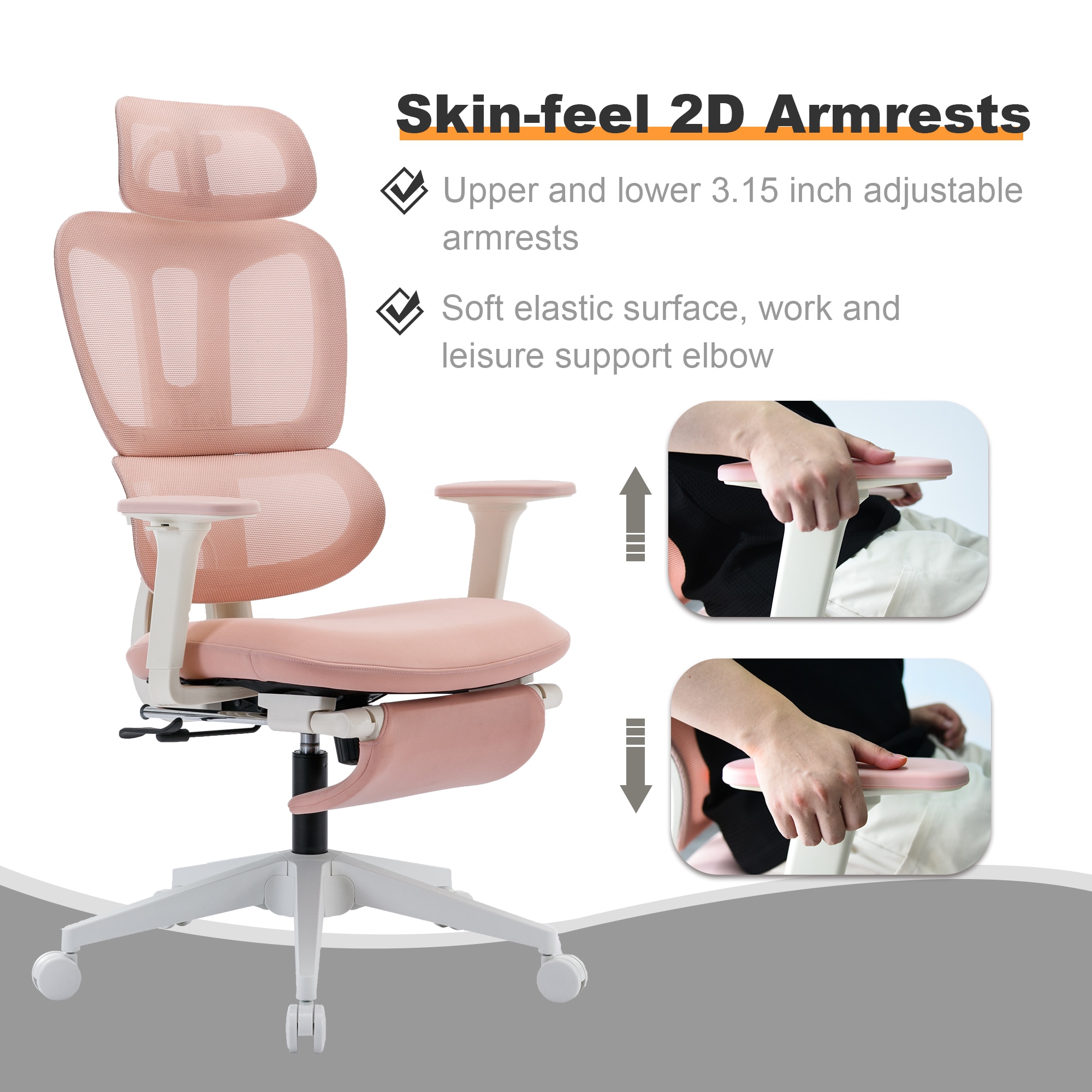 Multi-functional Ergonomic Mesh Office Chair With Adjustable Armrest,Footrest,Lumbar Support, 360° Silent Wheels,Headrest For Home & Office,Pink_voghion.com
